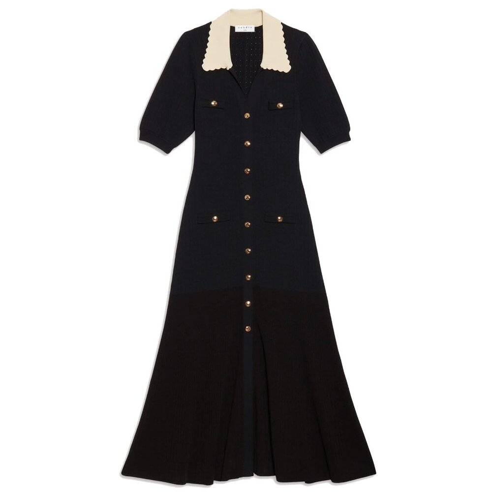 Sandro Lauralie Black Knit Ribbed Collared Midi Dress